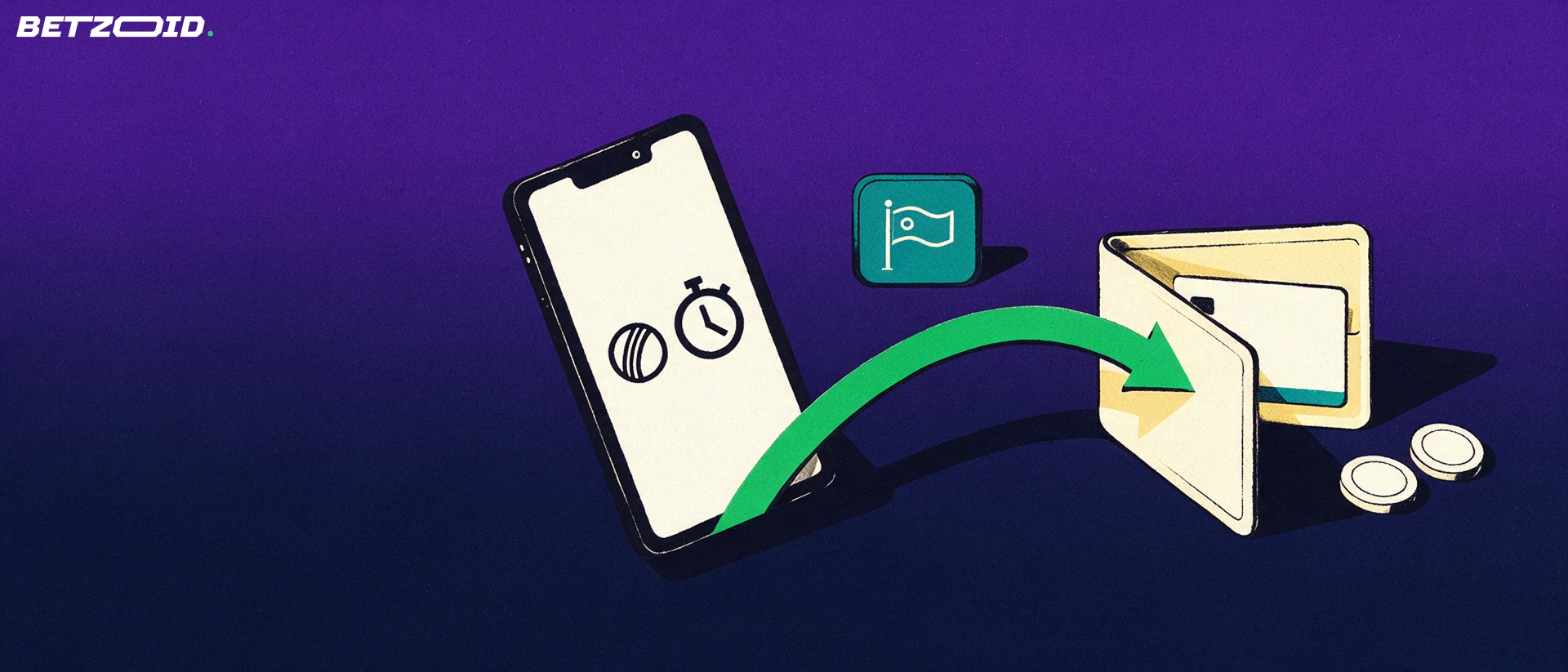 Illustration of a smartphone with sport symbols connected by a curved arrow to an open wallet with a plain card, showing a payout flow.