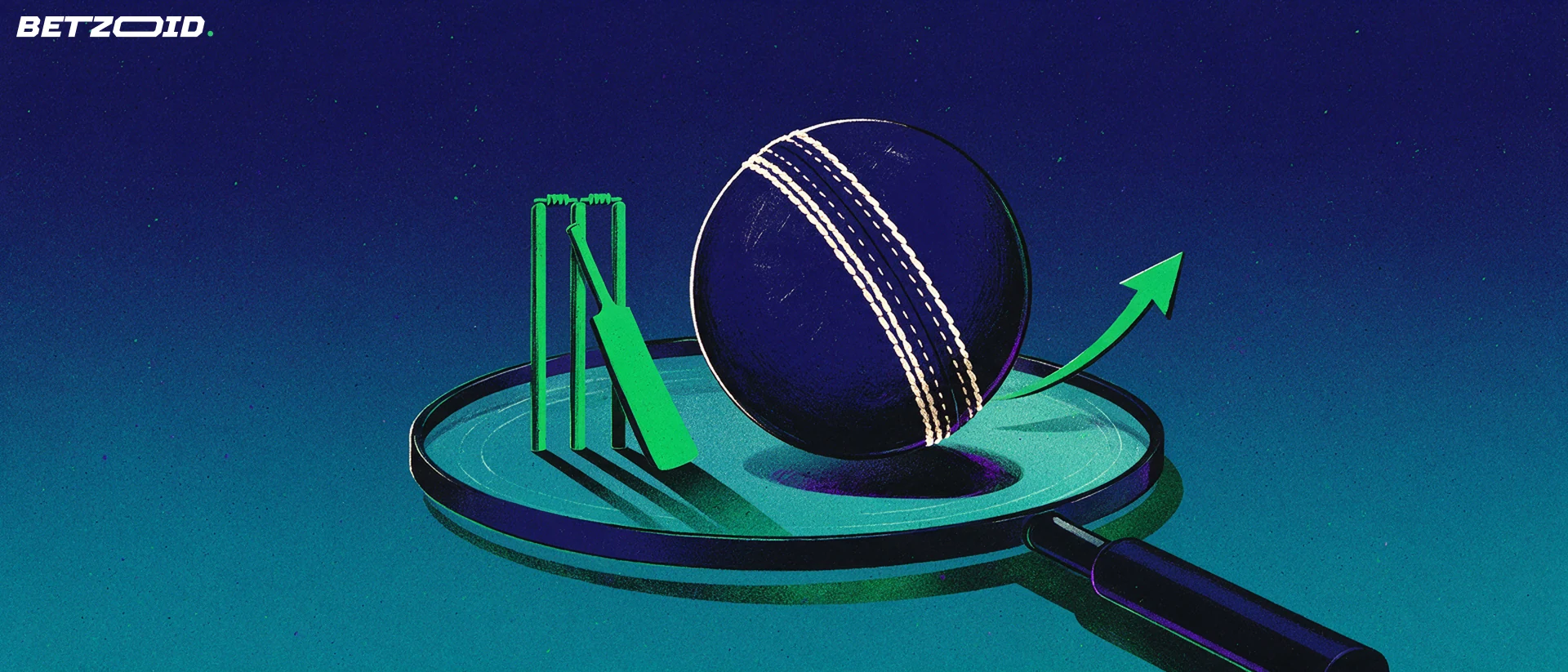 Illustration of a cricket ball resting on a large magnifying lens with wickets and a bat behind it