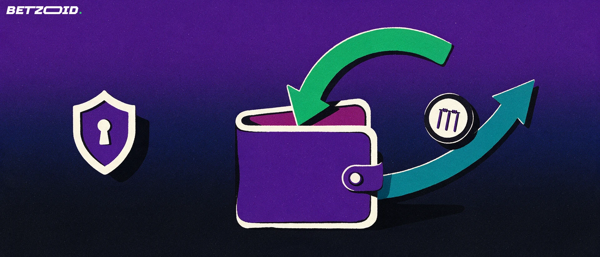 Illustration of a wallet with arrows in and out, a token marked with cricket stumps and a shield with a keyhole