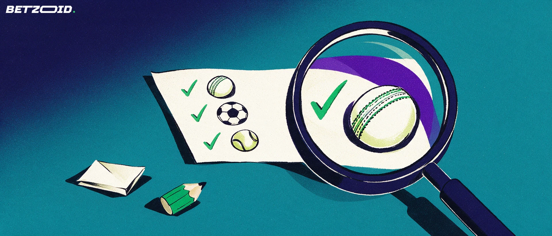Illustration of a magnifying glass enlarging a betting slip marked with cricket, football and tennis symbols