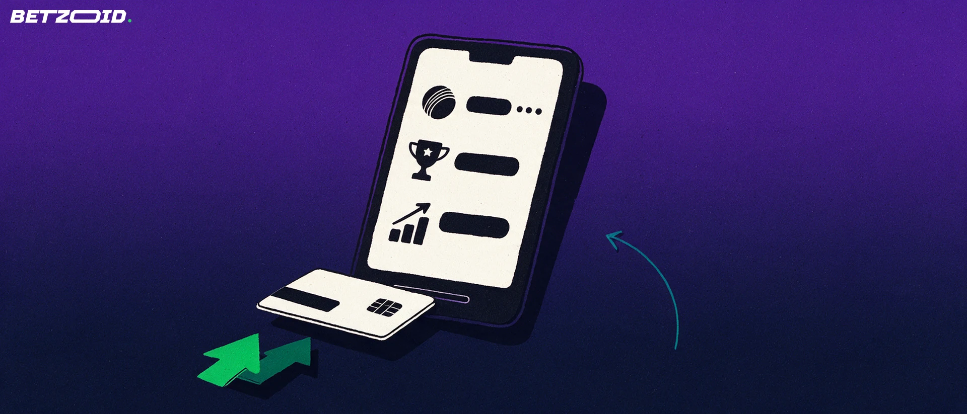 Illustration of a smartphone showing sports symbols with a payment card and arrows for deposits and withdrawals