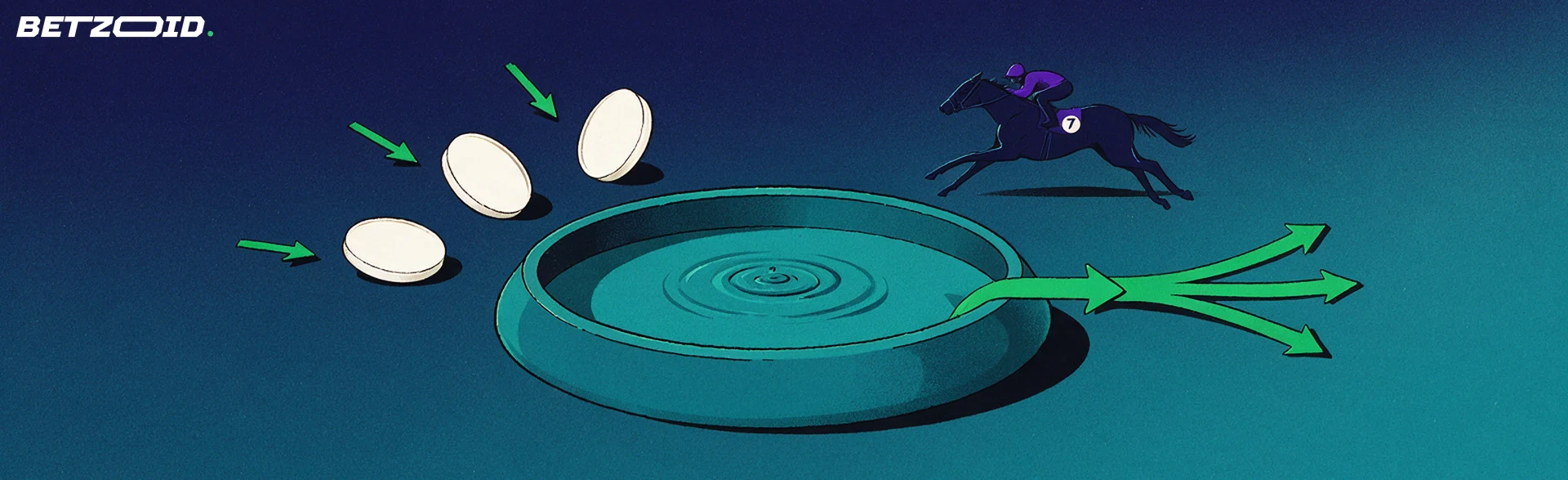 Illustration of stake tokens flowing into a round betting pool that splits into three shares, beside a flat racehorse and jockey silhouette.