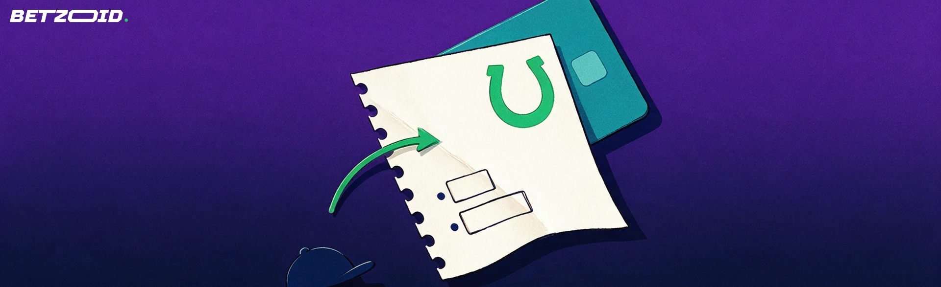 Illustration of a folded paper betting ticket with a horseshoe mark, a plain payment card and an arrow pointing from card to ticket.