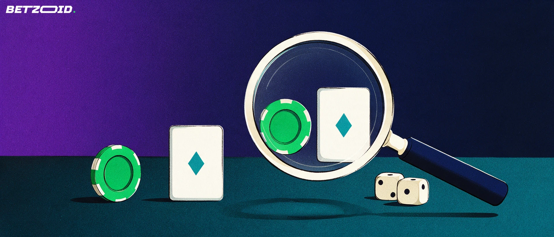Illustration of a magnifying glass enlarging a casino chip, a playing card and dice on a plain platform.