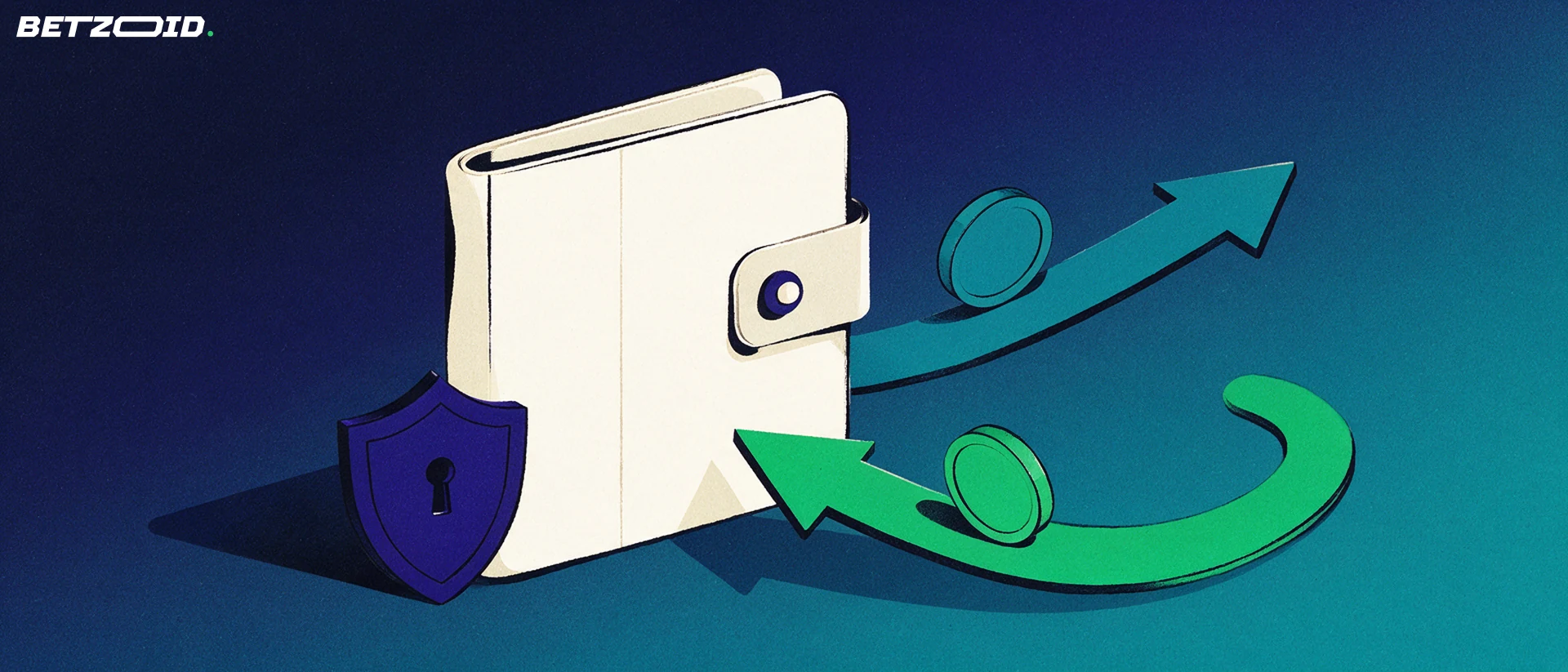 Illustration of a wallet with incoming and outgoing arrows carrying gaming chips beside a small shield with a keyhole.