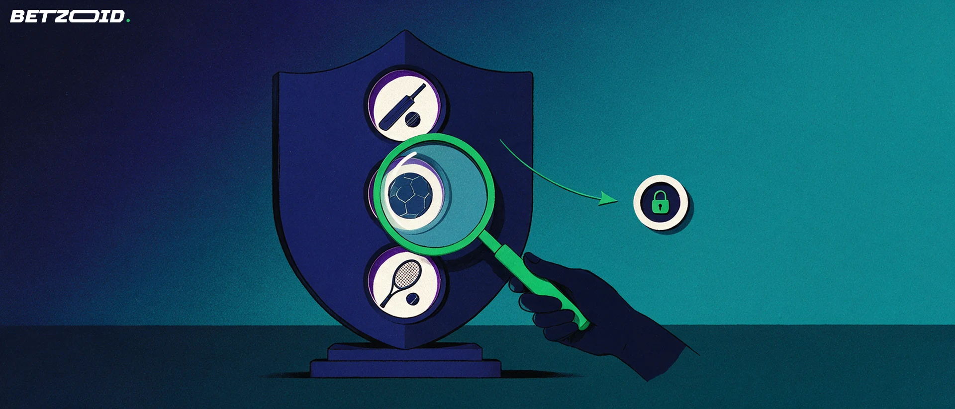 Illustration of a magnifying glass inspecting a board of cricket, football and tennis betting market icons beside a padlock