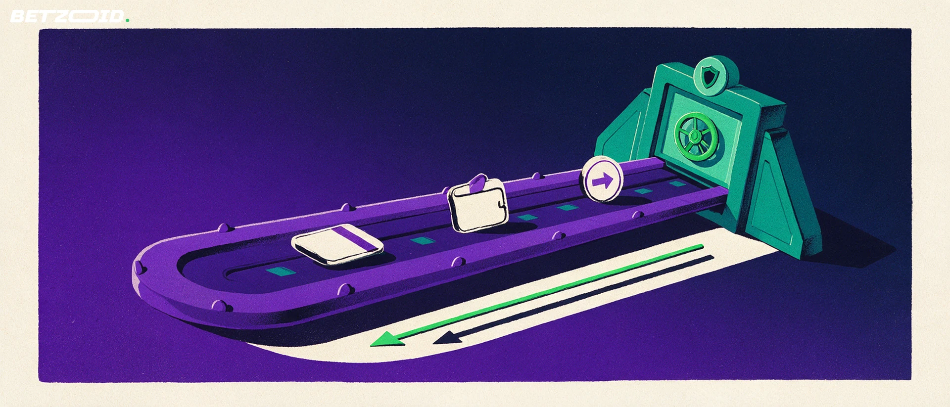 Illustration of payment card, wallet and chip tokens travelling along a rail toward a secure vault door with a return arrow