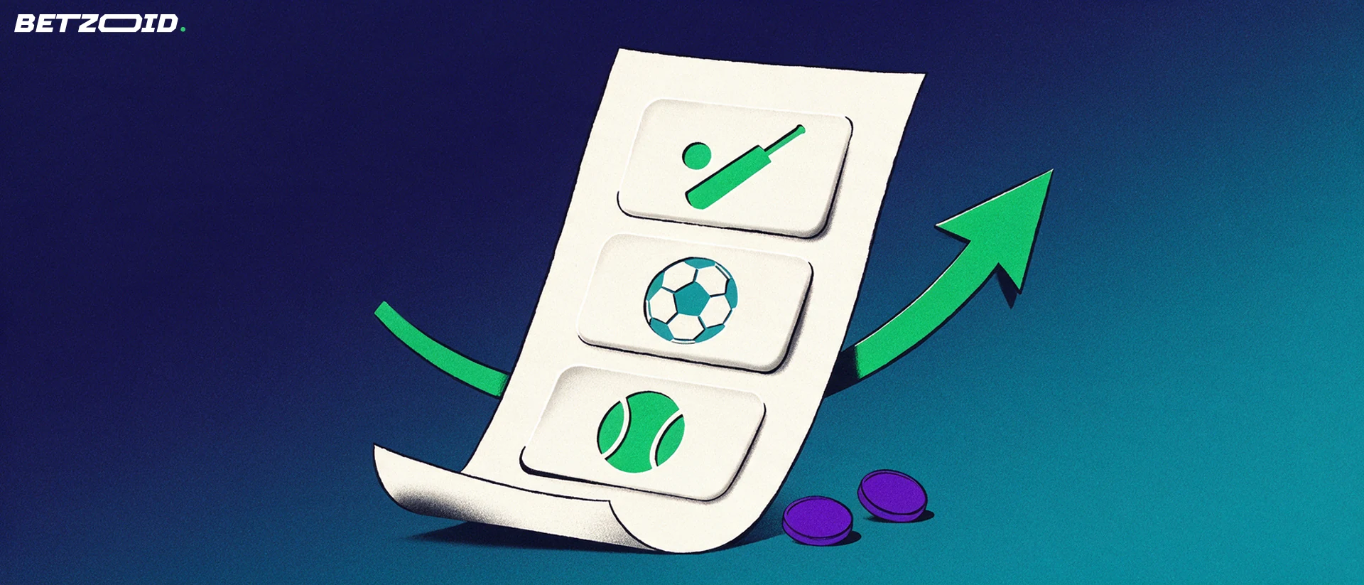 Illustration of a large betting slip card with cricket, football and tennis symbols beside a rising green arrow