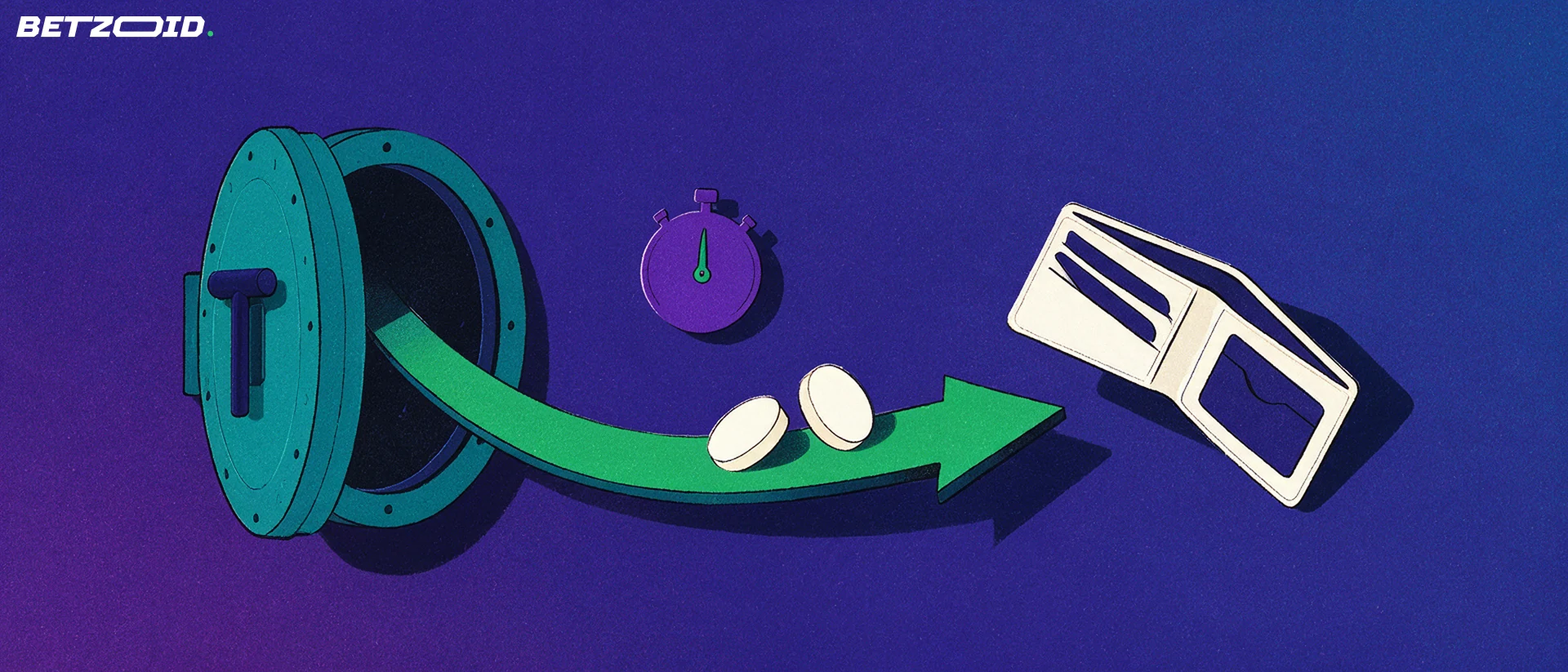 Illustration of an open vault door with an arrow carrying two plain discs into a wallet, with a stopwatch above