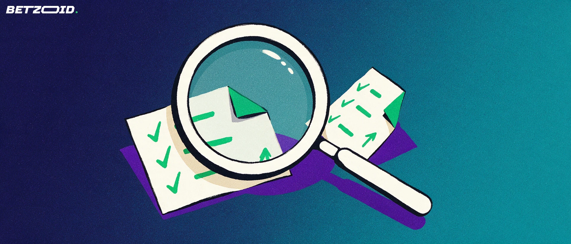Illustration of a large magnifying glass enlarging part of a folded betting slip marked with check marks and an arrow.