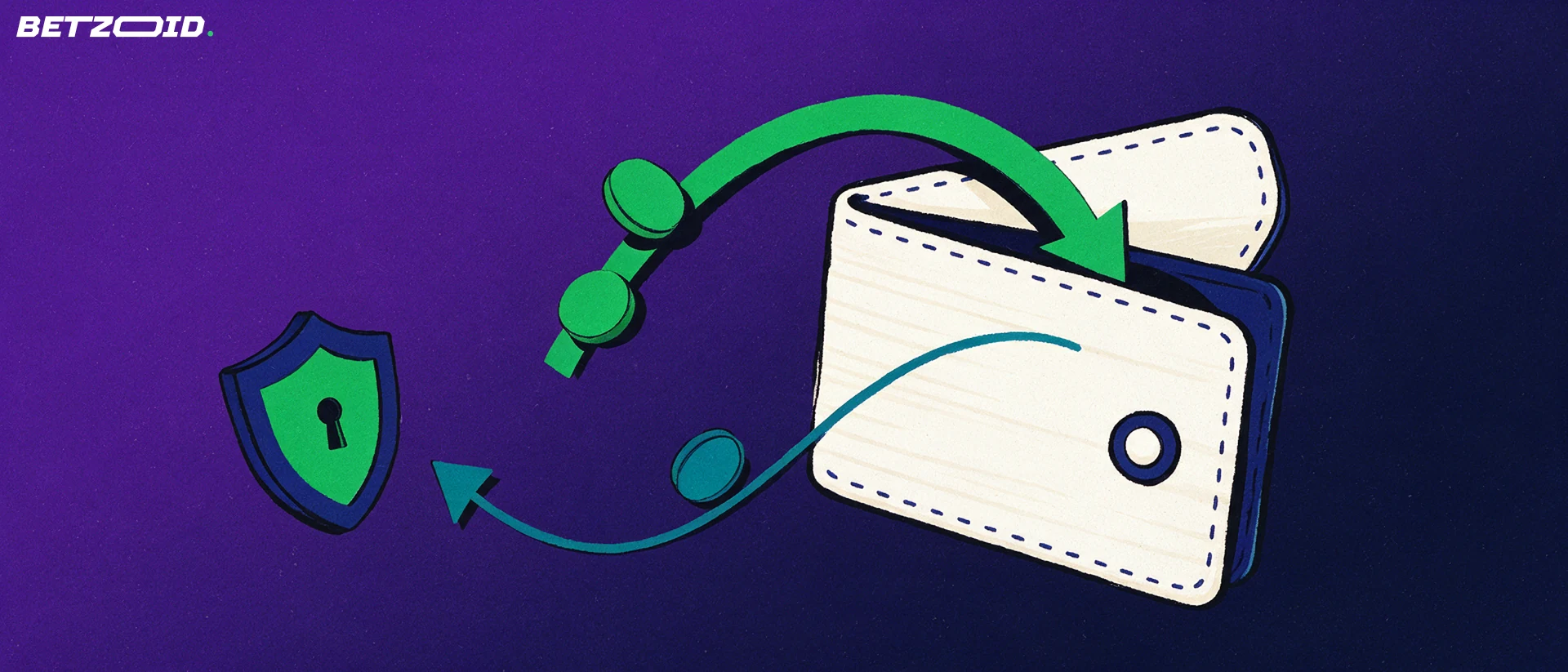 Illustration of an open wallet with one arrow carrying tokens in and another arrow carrying a token out toward a keyhole shield.
