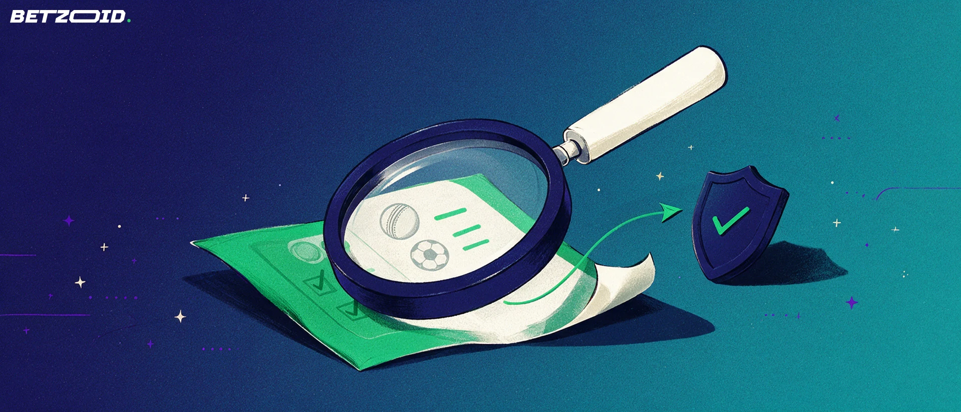 Illustration of a magnifying glass inspecting a betting slip marked with cricket and football symbols beside a shield with a check mark
