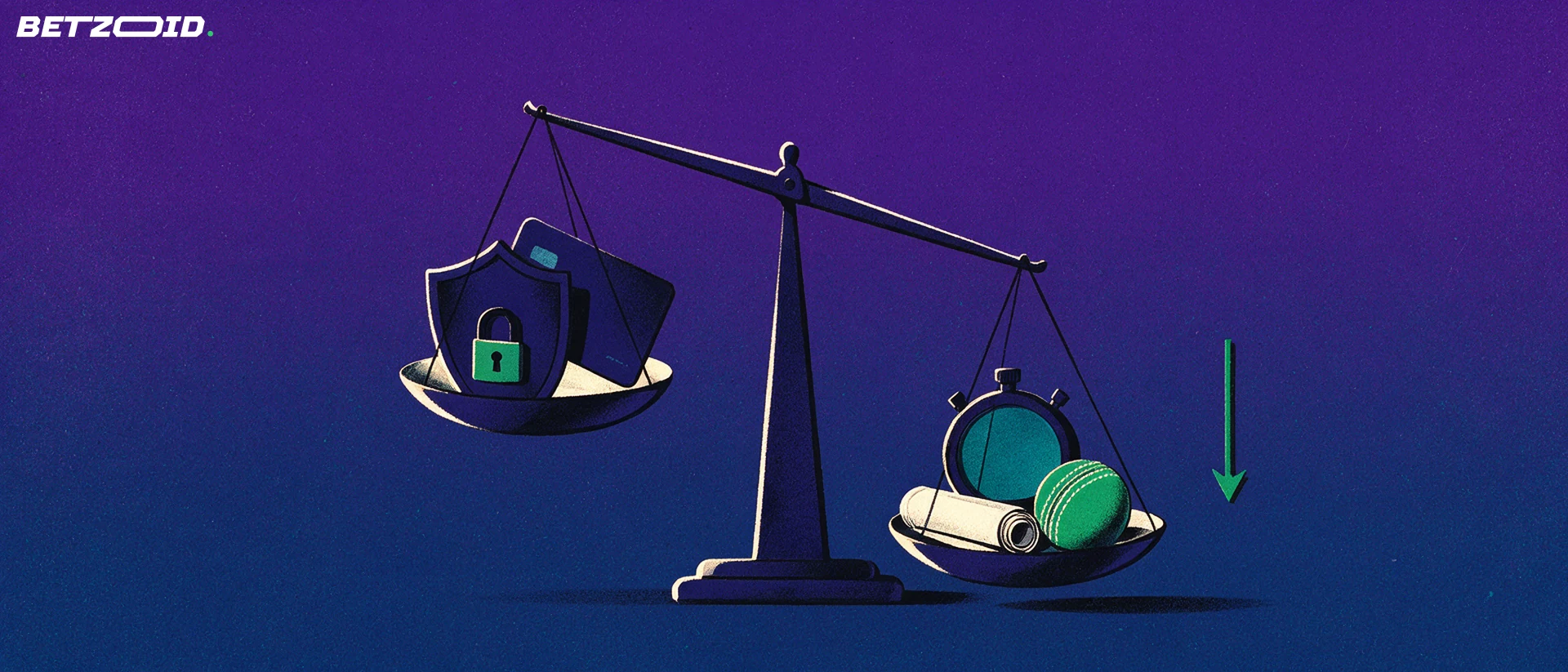 Illustration of a balance scale weighing a cricket ball and betting slip against a shield with a padlock and a payment card