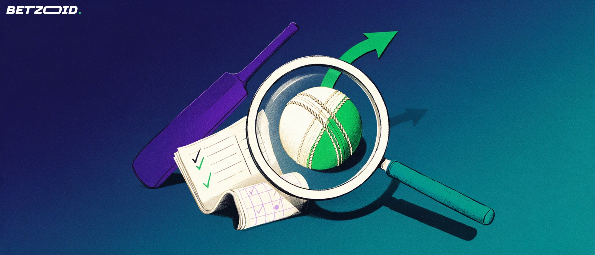 Illustration of a magnifying glass enlarging a cricket ball beside a blank betting coupon and a cricket bat silhouette.
