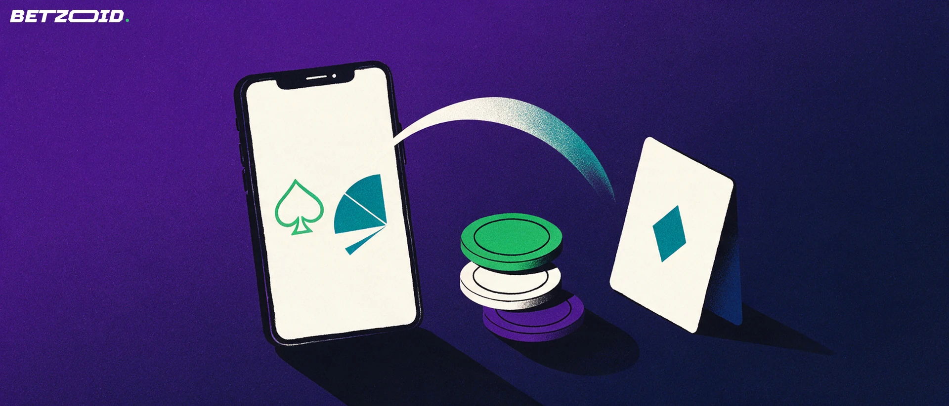 Illustration of a smartphone showing card-suit and wheel symbols beside a stack of casino chips and a playing card
