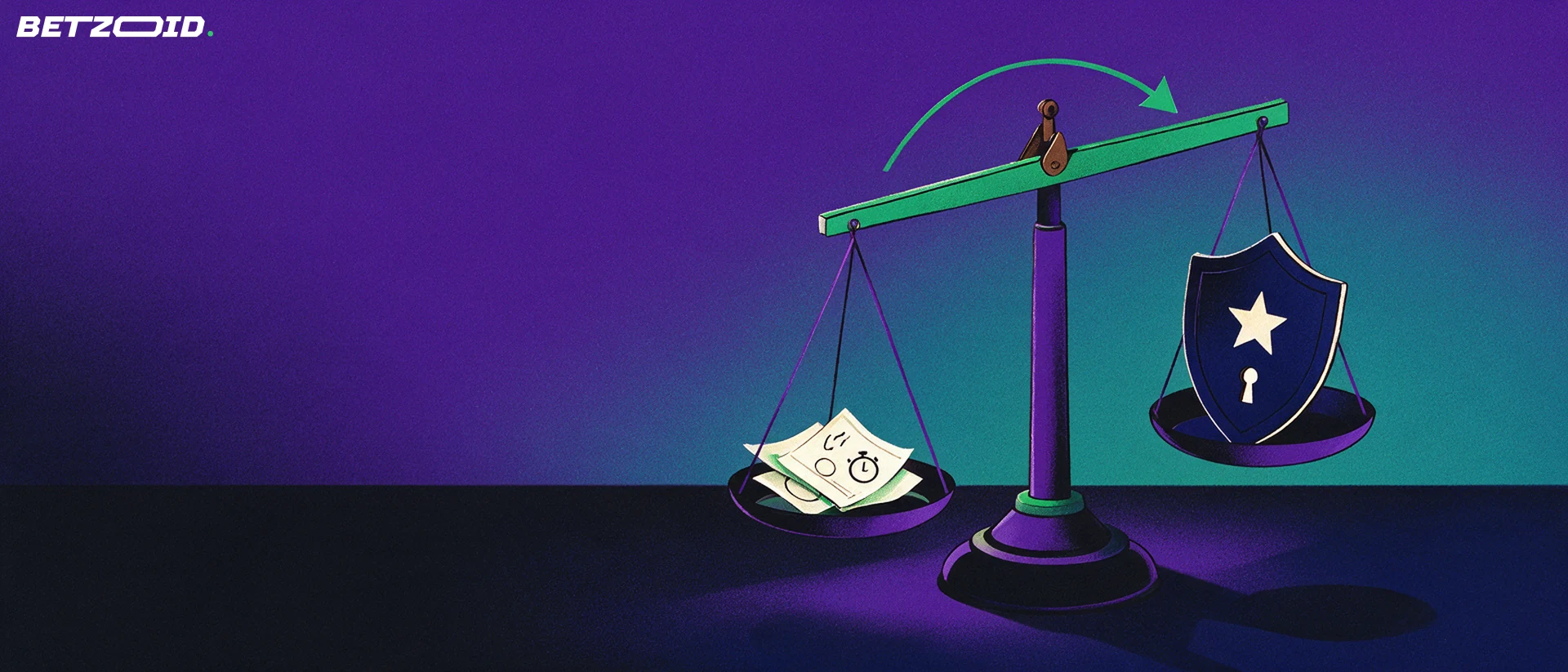 Illustration of a balance scale weighing folded betting slips with sport symbols against a shield with a star and keyhole.