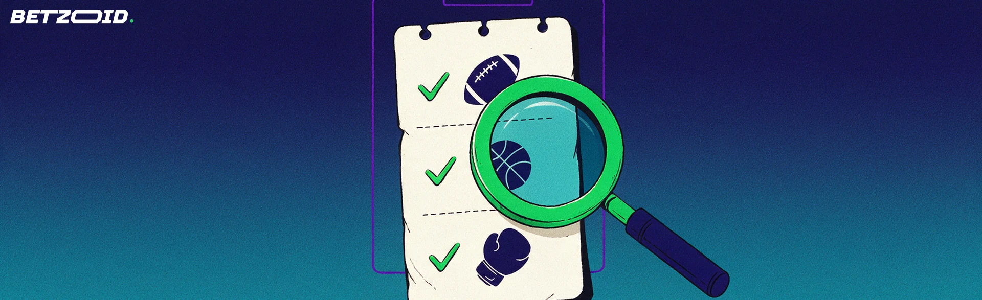 Ilustración de una lupa verde sobre un boleto de apuestas con marcas de verificación y símbolos de fútbol, baloncesto y boxeo.