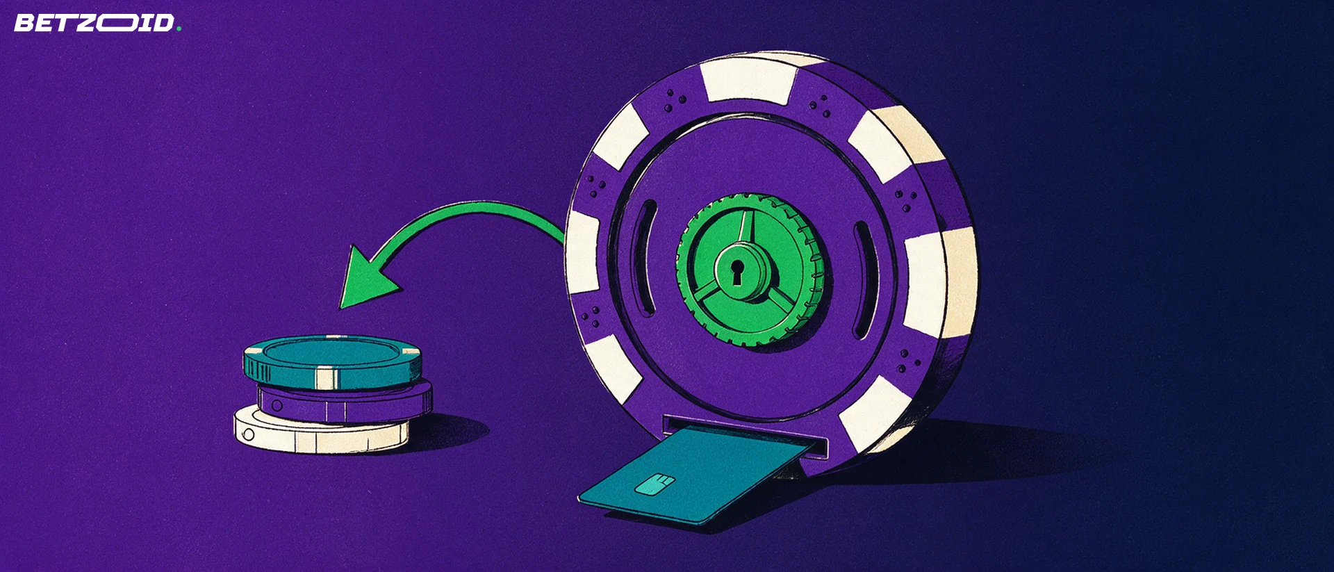 Illustration of a casino chip drawn as a vault door with a plain bank card entering a slot and a green arrow curving out to a stack of chips.