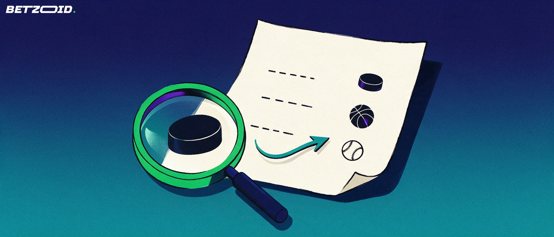 Illustration of a magnifying glass inspecting a large blank betting slip marked with hockey, basketball and baseball symbols.
