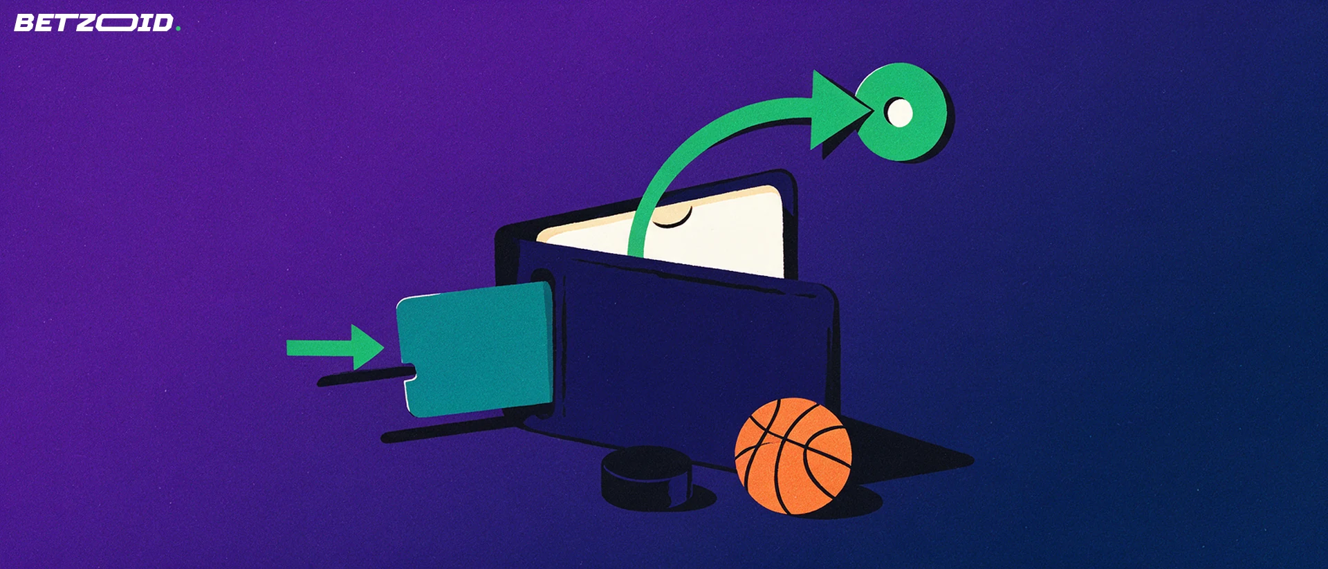 Illustration of a wallet with an unbranded payment card entering and an arrow leaving, beside a hockey puck and a basketball.