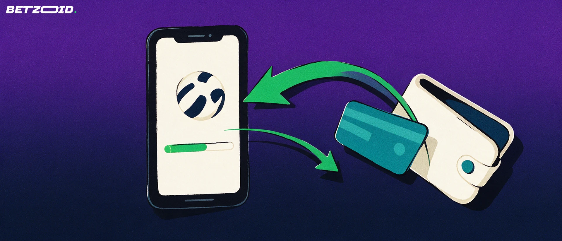 Illustration of a smartphone with a ball symbol on its screen connected by curved arrows to a payment card and wallet.