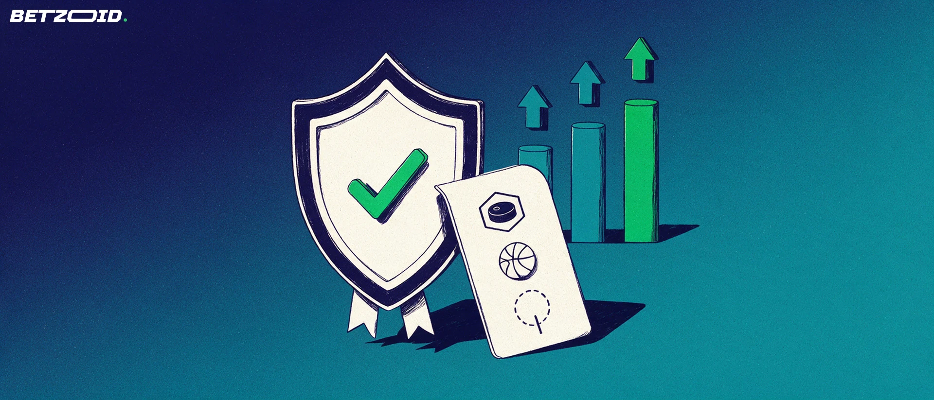 Illustration of a shield-shaped licence seal with a checkmark beside a betting slip with sport symbols and rising bars with upward arrows.