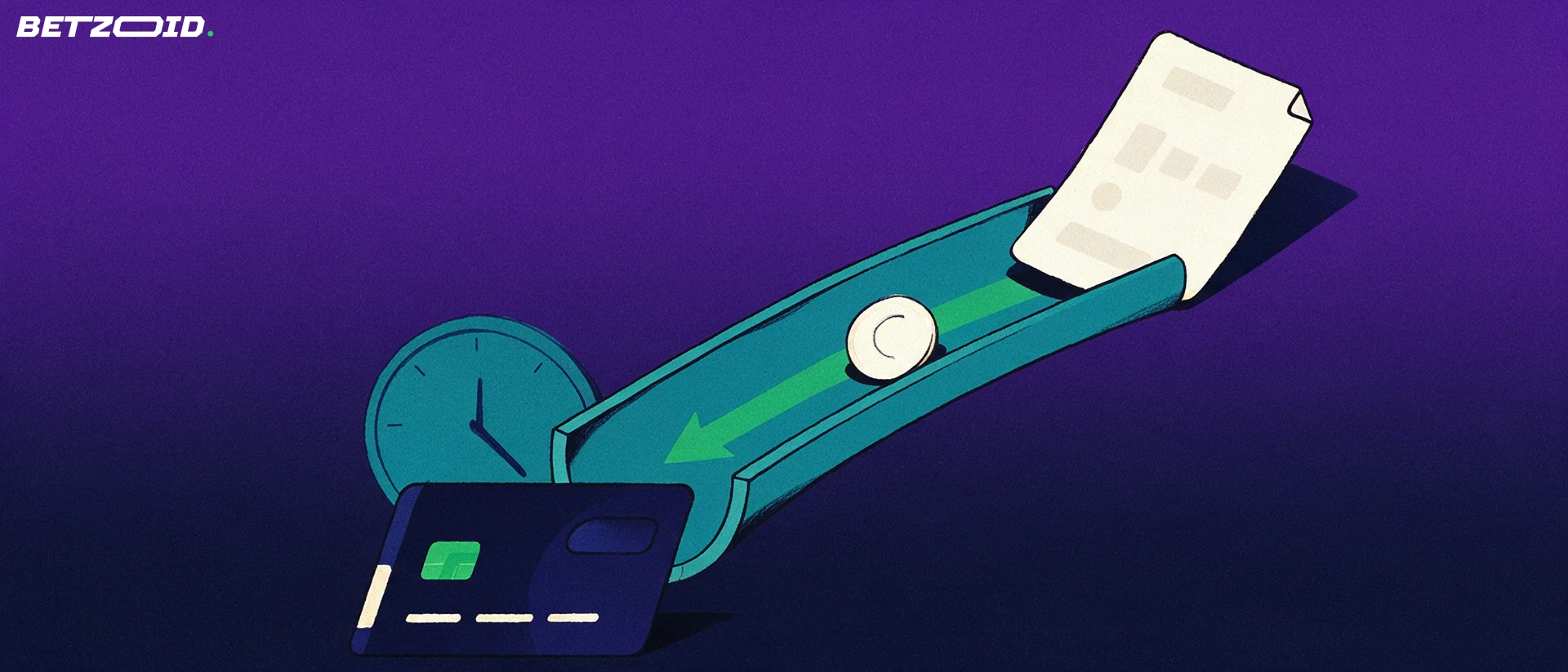 Illustration of a betting slip feeding a coin down a curved chute with an arrow into a bank card, with a small clock behind.