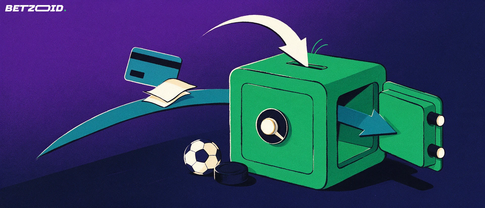 Illustration of a green safe with arrows showing money going in and a betting slip and bank card coming out, beside a puck and soccer ball.