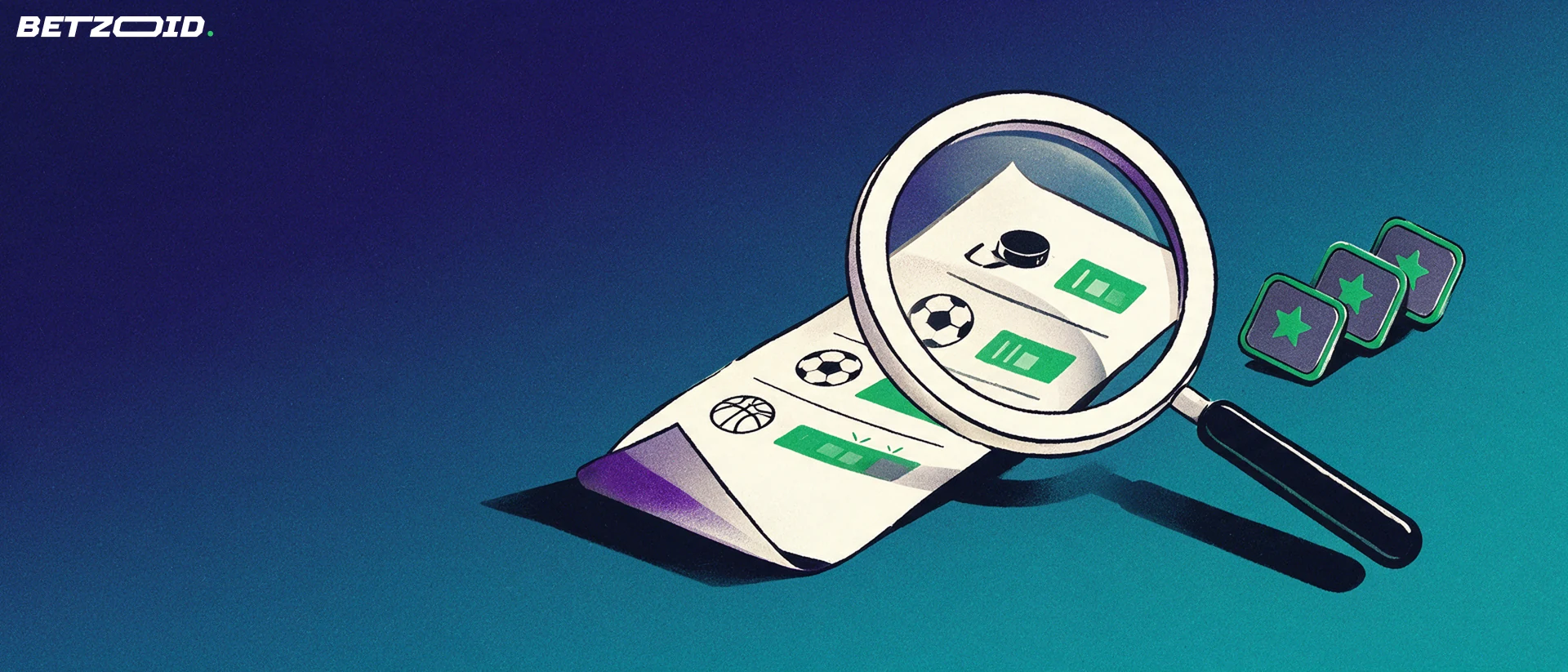 Illustration of a magnifying glass inspecting a sports betting slip marked with hockey, soccer and basketball symbols.