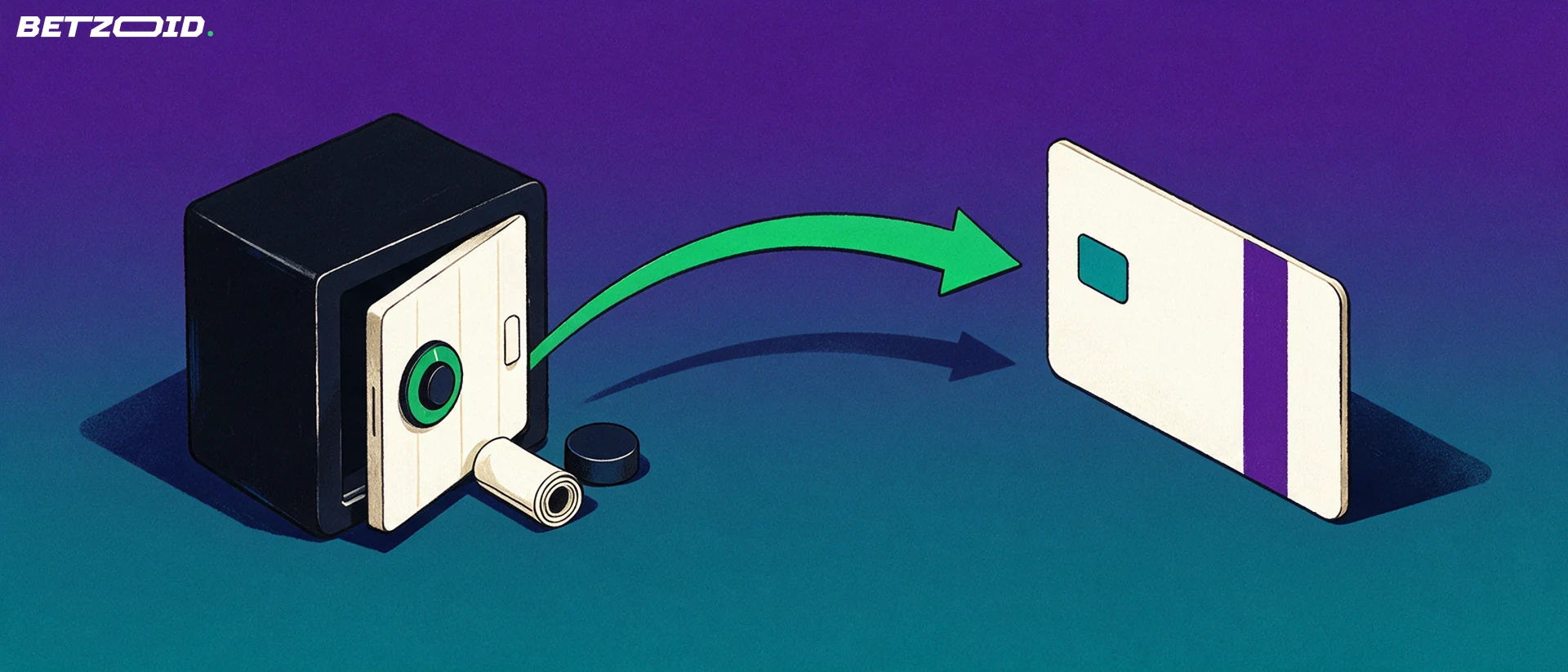 Illustration of a strongbox with a betting ticket and hockey puck, with a green arrow pointing to a blank payment card