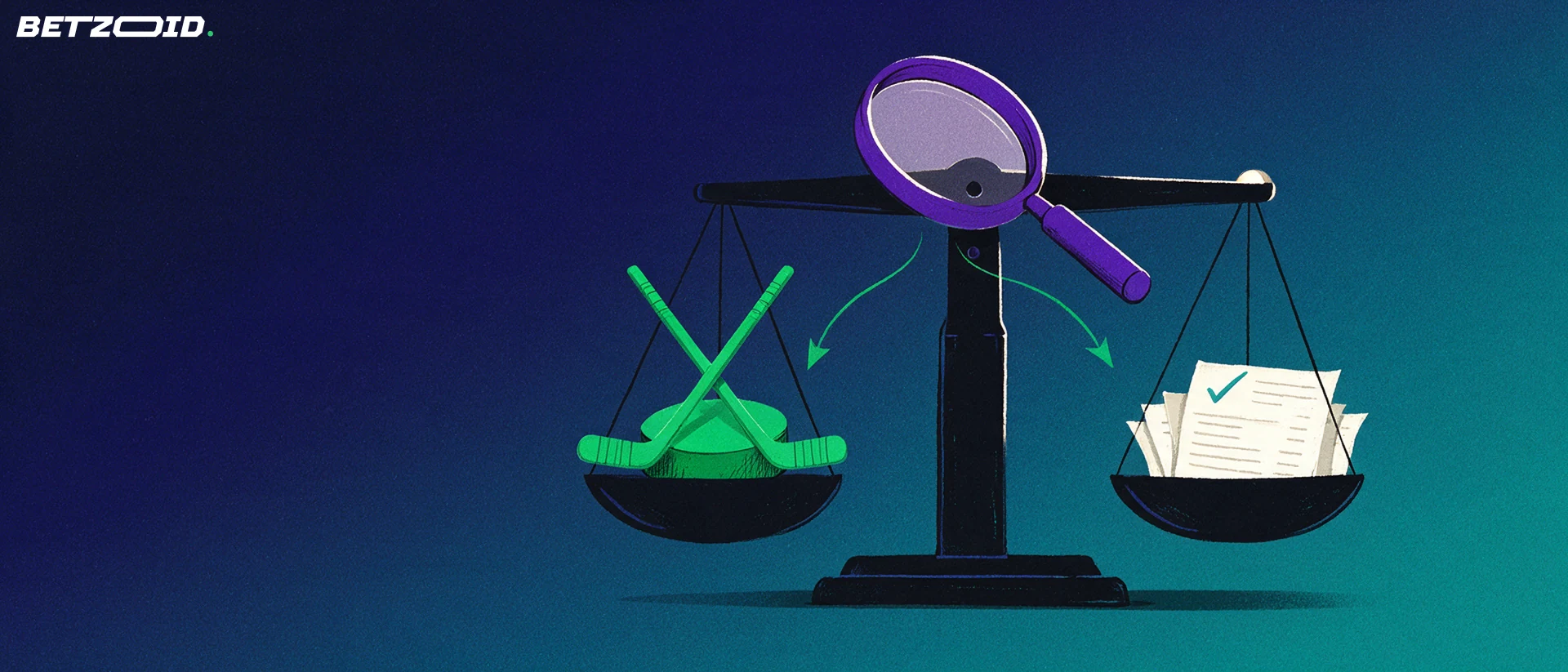 Illustration of a balance scale holding a hockey puck with sticks on one pan and betting slips on the other, examined by a magnifying glass.