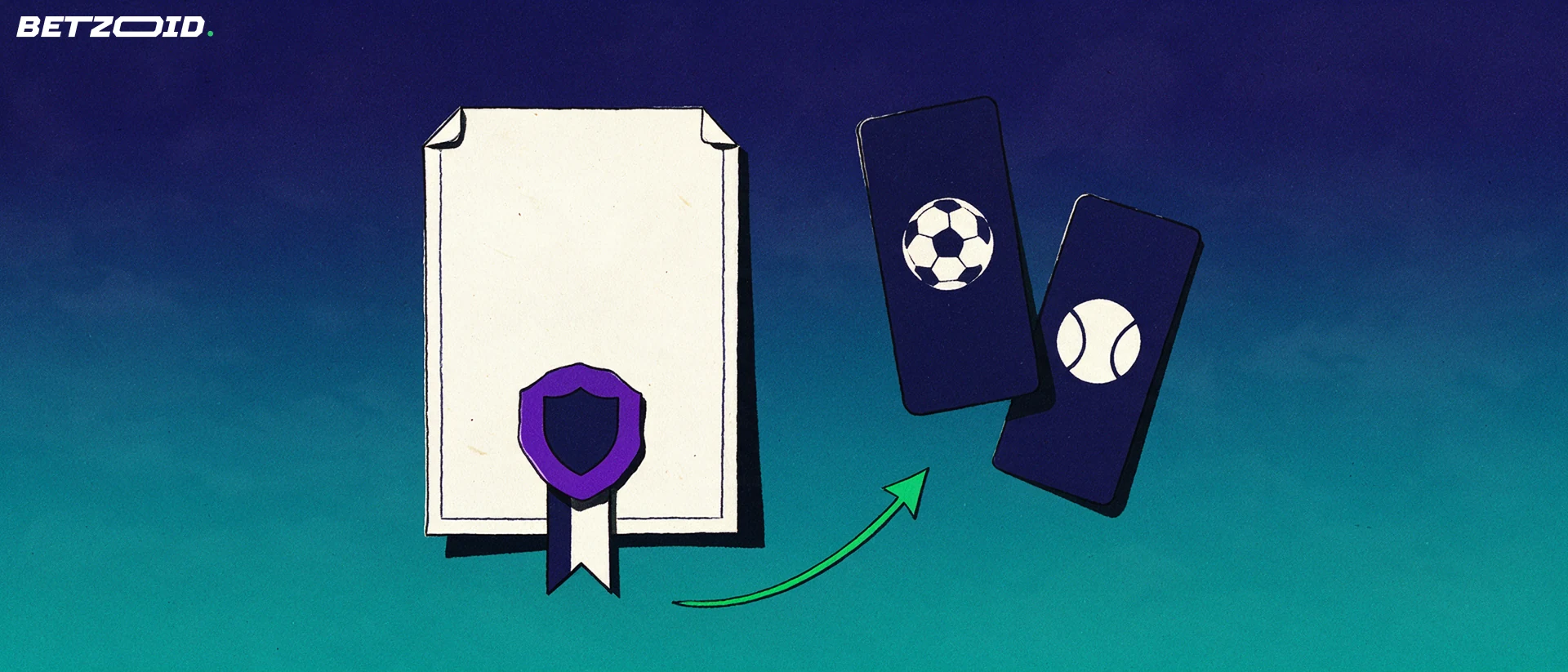 Ilustración de un certificado de licencia con sello y dos tarjetas de apuestas con símbolos de fútbol y tenis unidas por una flecha verde.