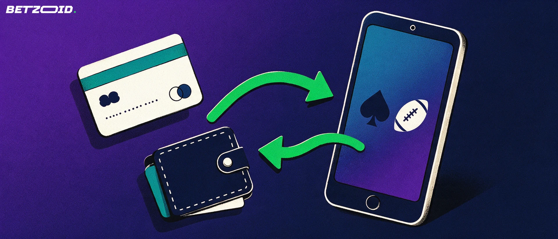 Ilustración de un teléfono móvil con símbolos de casino y fútbol conectado por flechas verdes a una tarjeta bancaria y una cartera.