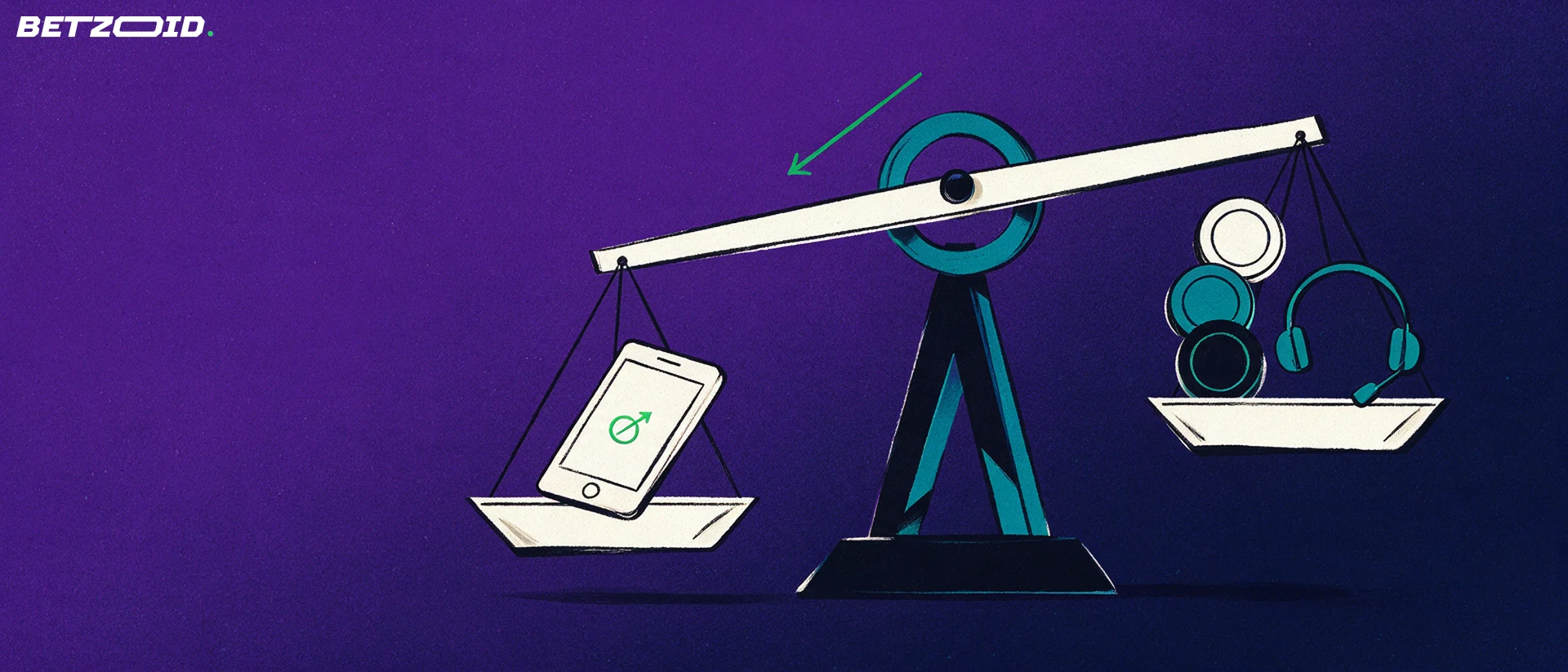 Illustration of a balance scale weighing a mobile handset with a sport symbol against payout tokens and a support headset
