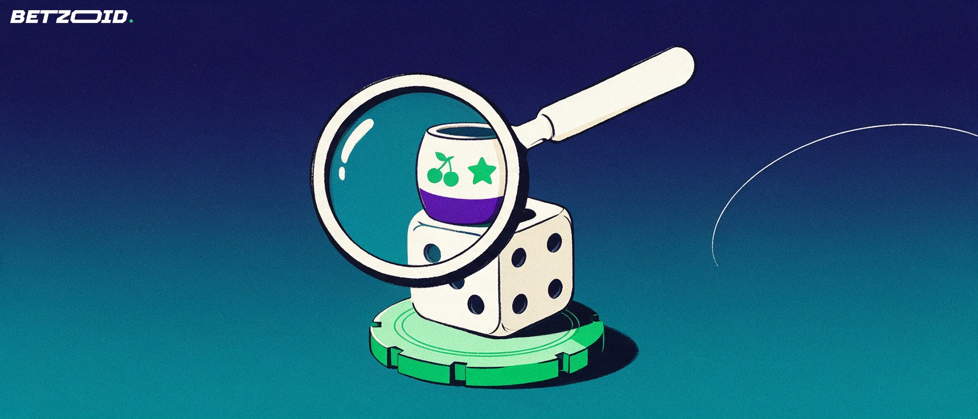 Illustration of a large magnifying glass inspecting a casino chip, a die and a small slot reel drum