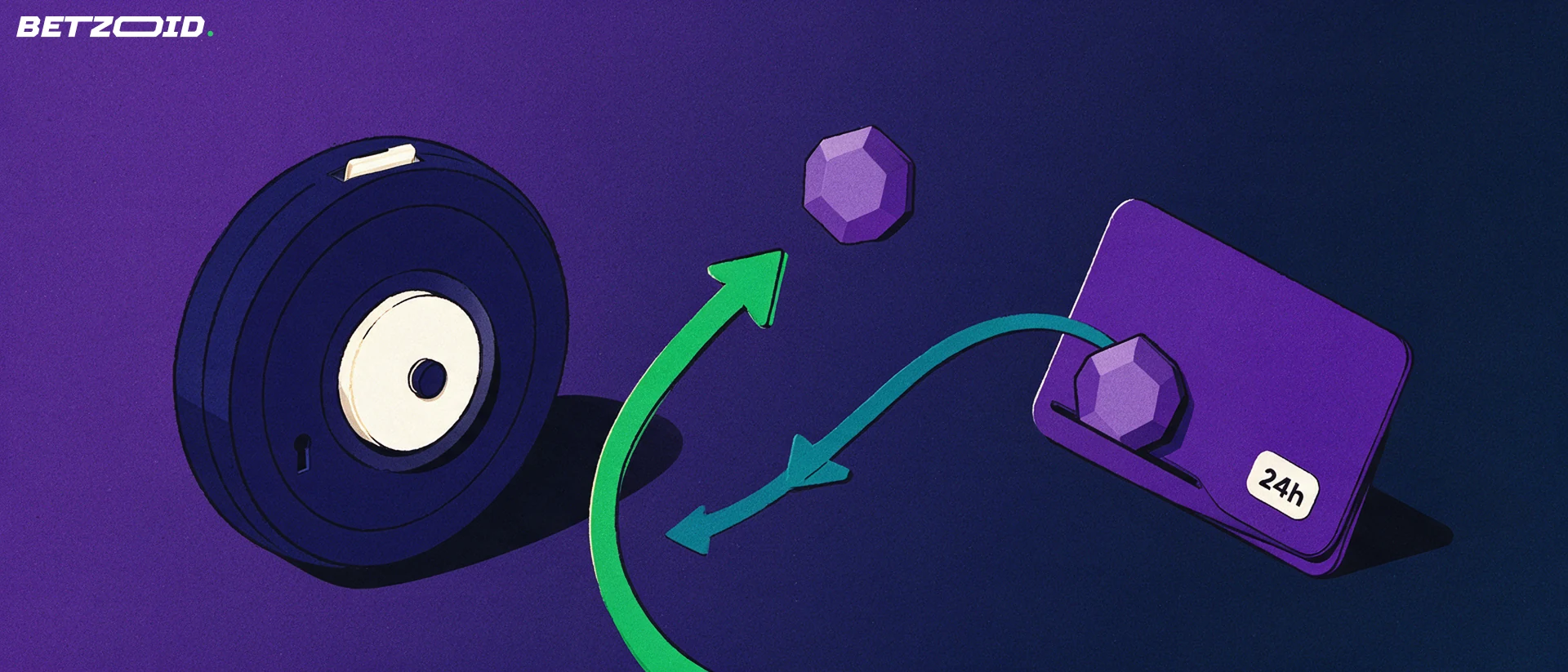 Illustration of blank digital tokens moving along arrows between a wallet card and a vault door