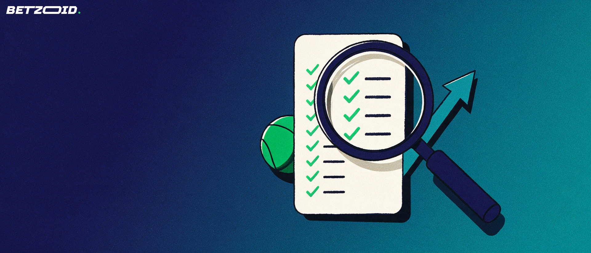 Illustration of a large magnifying glass held over a sports betting slip, with tick marks visible through the lens.