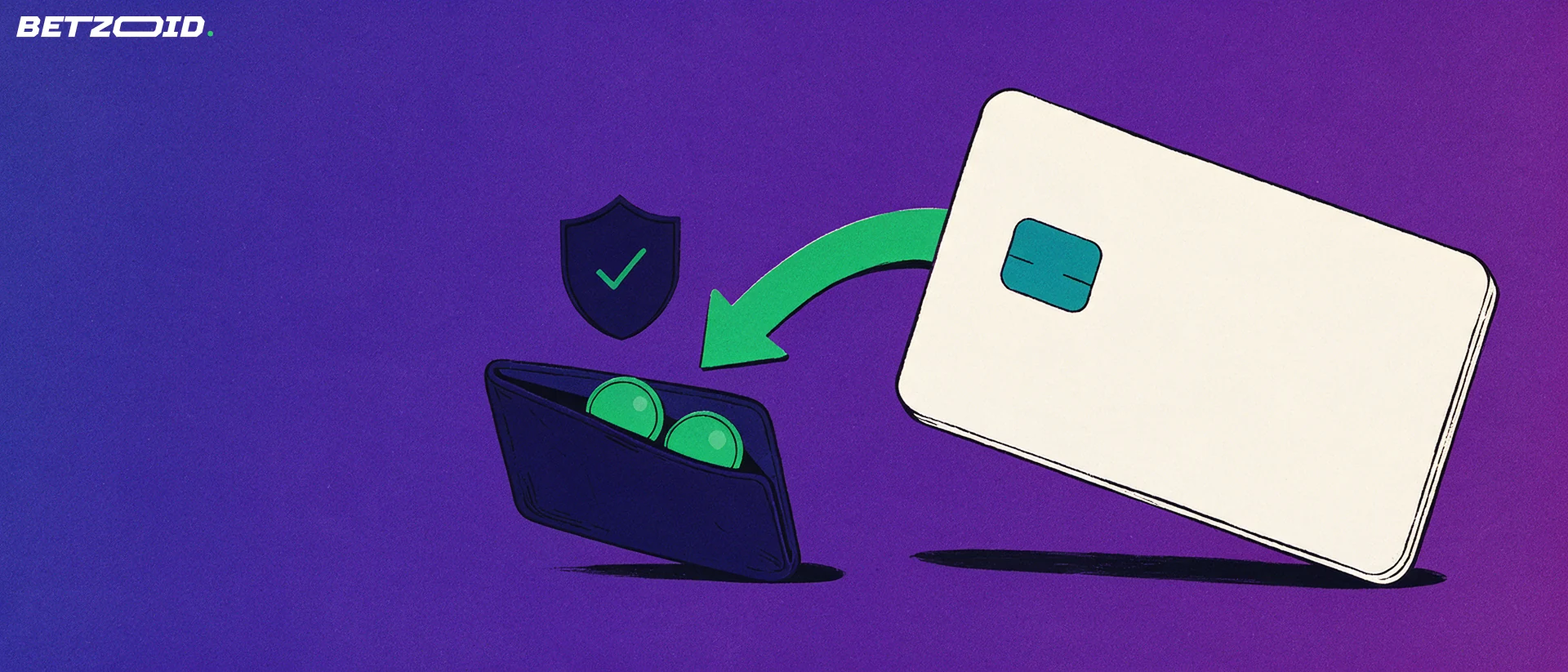 Illustration of a payment card with a curved arrow leading into a wallet holding two tokens, beside a shield with a check mark.