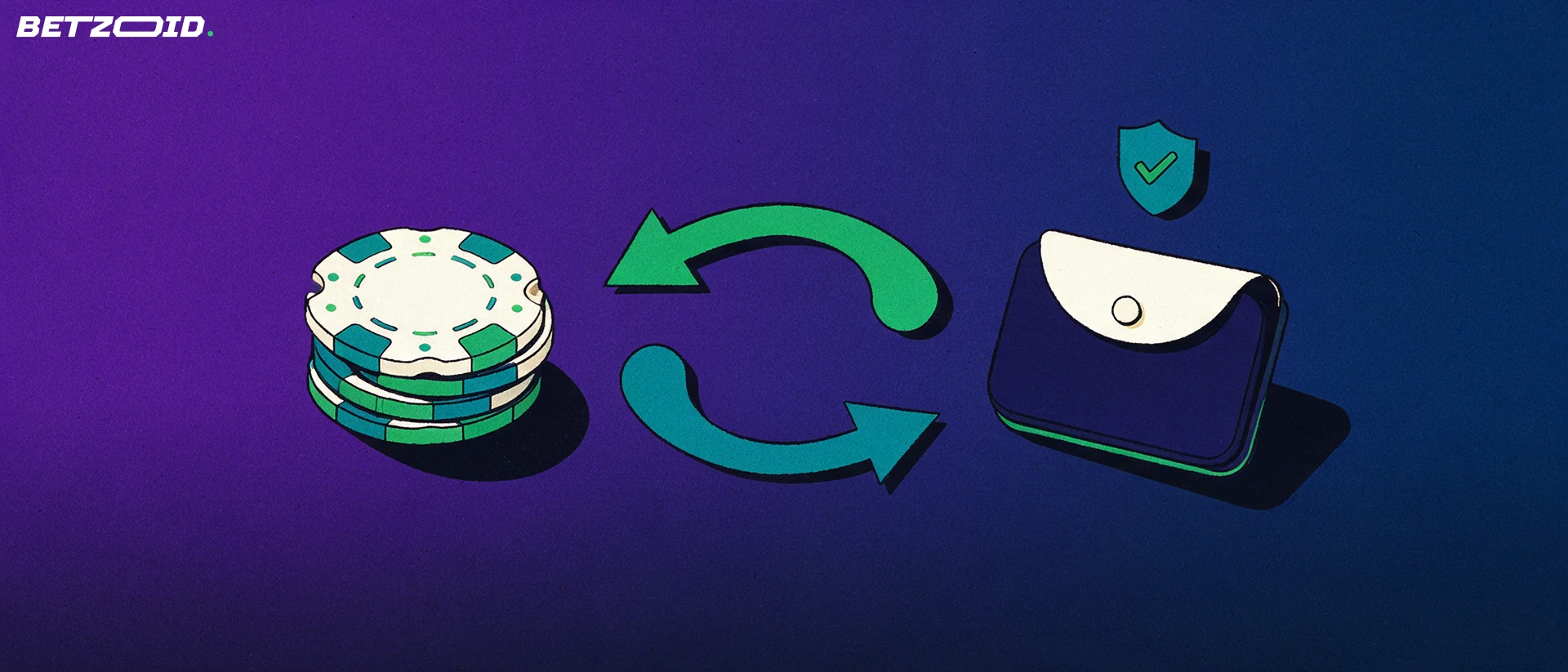 Ilustración de una pila de fichas de casino y una cartera unidas por dos flechas circulares, con un escudo y una marca de verificación.