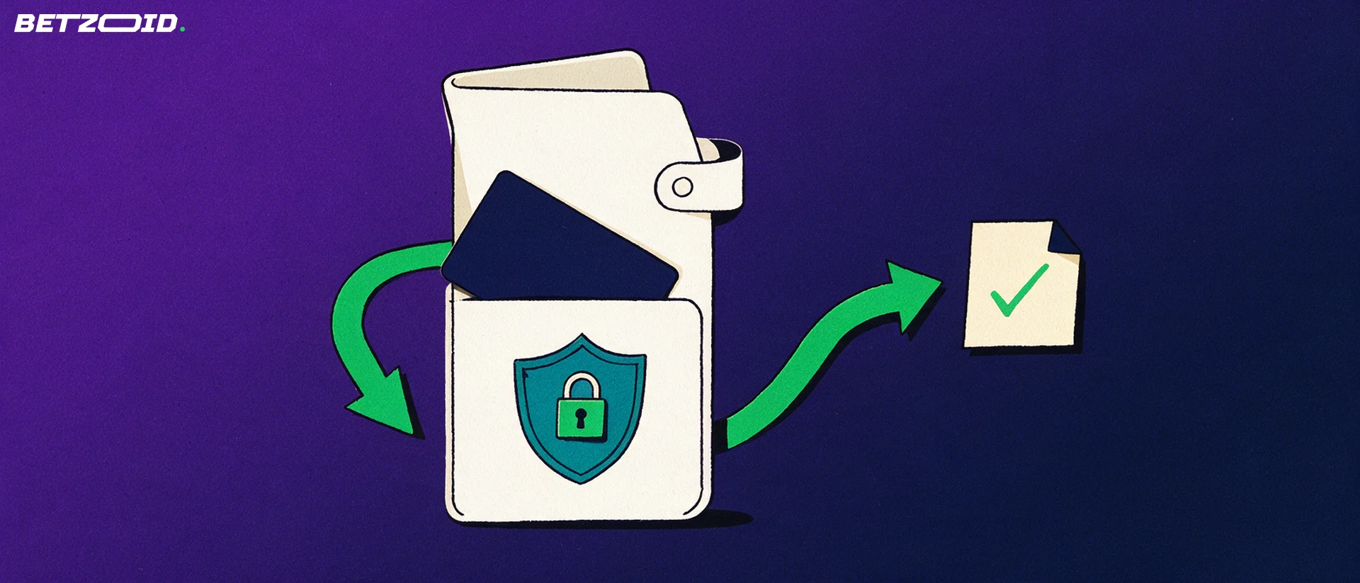 Illustration of a wallet with a payment card, a security shield and arrows showing deposits and withdrawals next to a small betting slip.