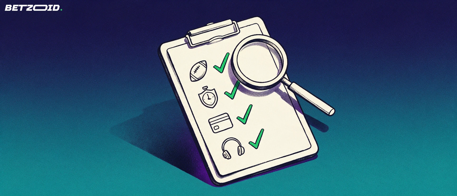 Ilustración de un portapapeles con lista de verificación, marcas verdes y una lupa que amplía uno de los apartados, con iconos de balón, tarjeta y auriculares.