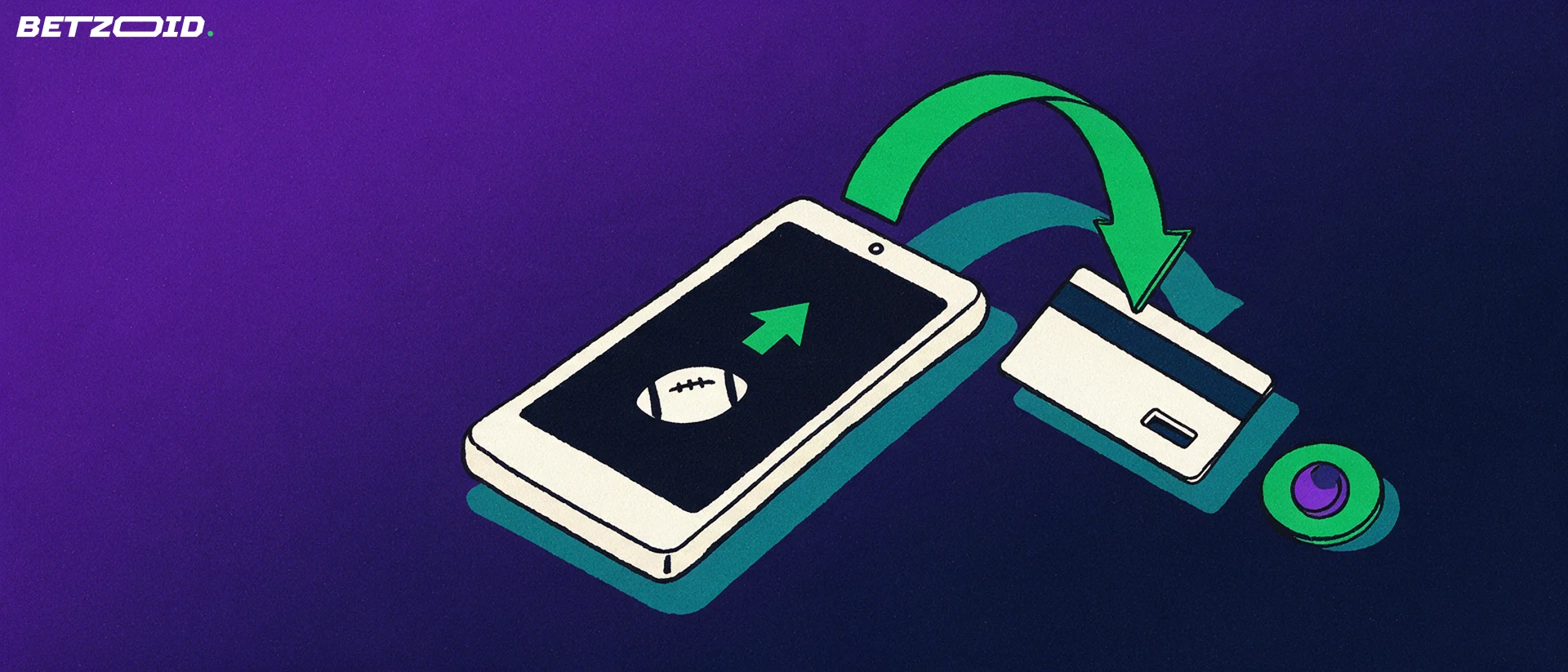 Ilustración de un teléfono móvil con símbolos de balón y flecha, unido por flechas curvas verdes a una tarjeta bancaria, representando depósitos y retiros.