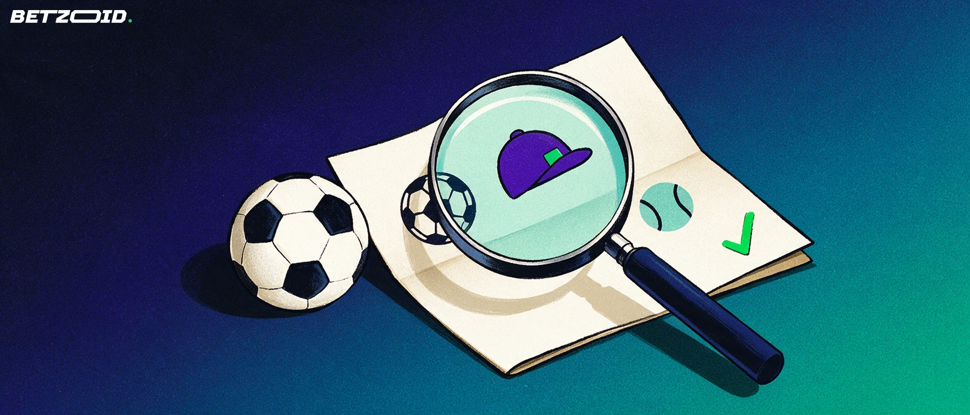 Illustration of a magnifying glass enlarging football, horse racing and tennis symbols printed on a paper betting slip