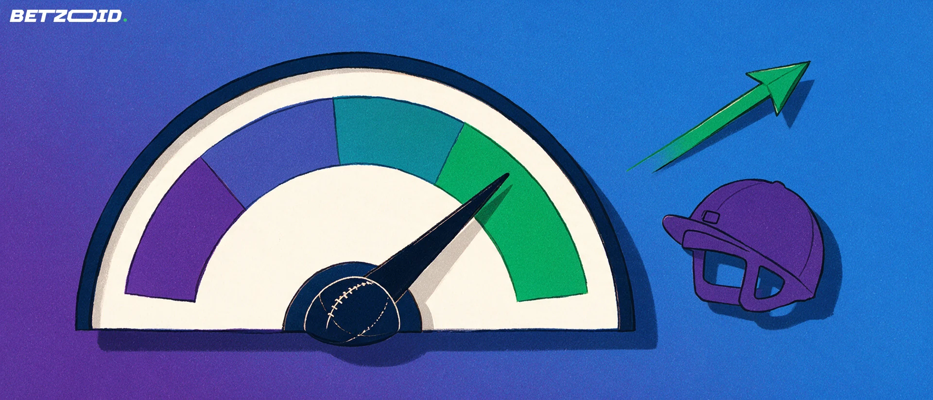 Illustration of a semicircular rating dial with a needle pointing to a green segment, a football-shaped hub and a horse racing helmet beside it