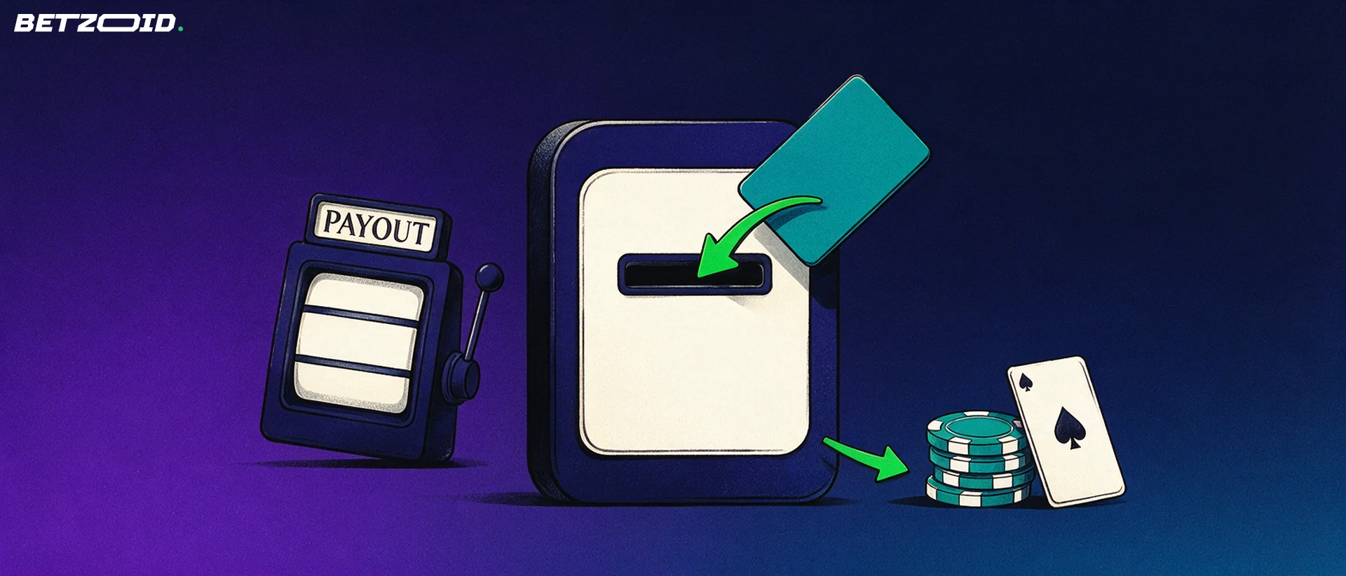 Ilustración de un cajero de casino sin marca en el que se inserta una tarjeta de pago mientras flechas verdes conducen a un montón de fichas y una carta.
