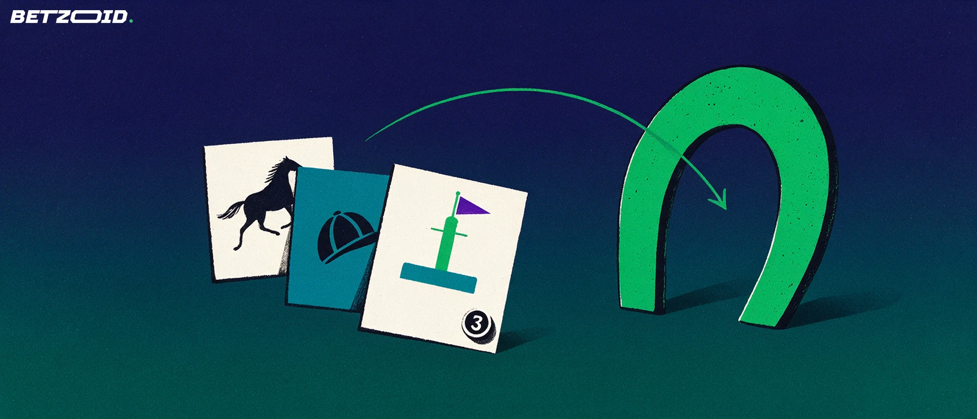 Illustration of a fan of betting slips marked with a racehorse, jockey cap and winning post in front of a large horseshoe arch.