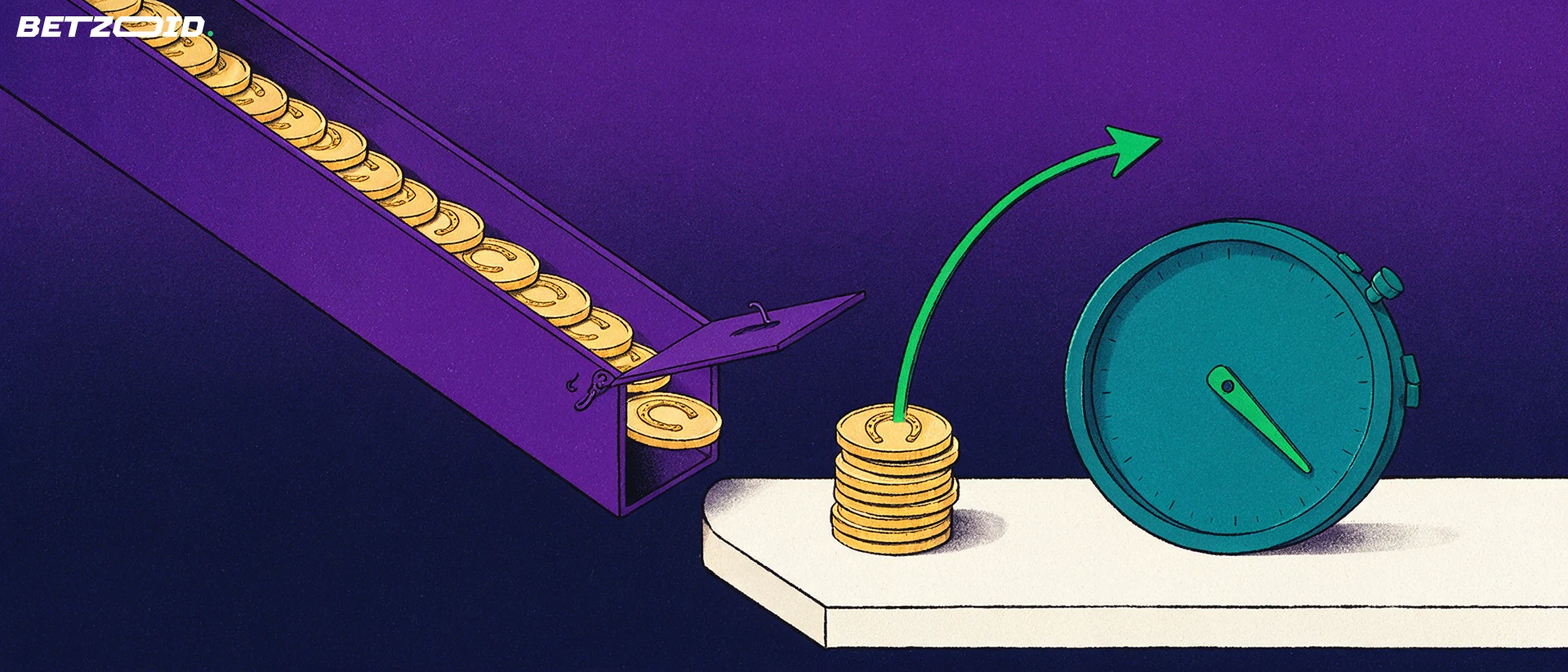 Illustration of horseshoe-marked coins sliding through a chute gate onto a neat stack beside a large stopwatch.