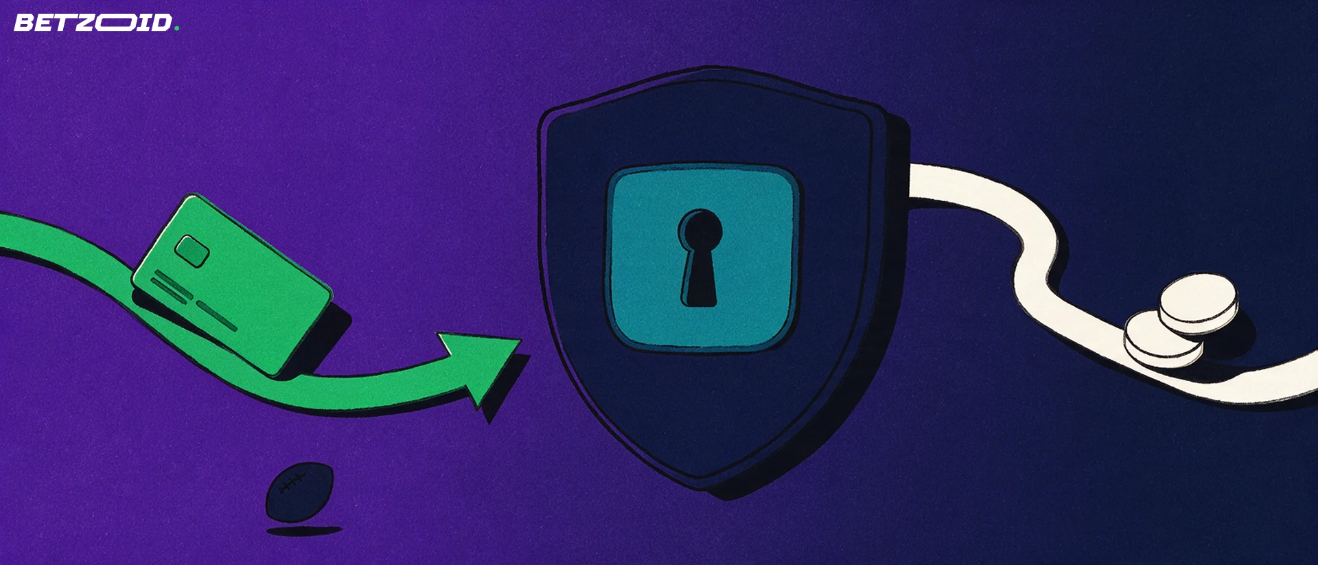 Illustration of a shield with a keyhole between a plain payment card and curved arrows showing money moving in and out, with a small football below.