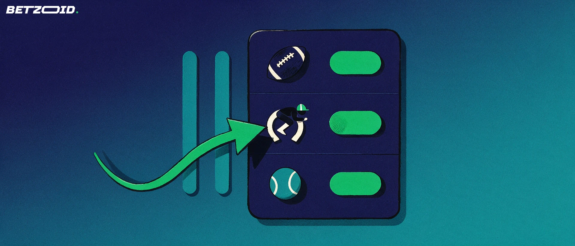 Illustration of a betting market board with football, horse racing and tennis icons, with an arrow pointing at one selection row.