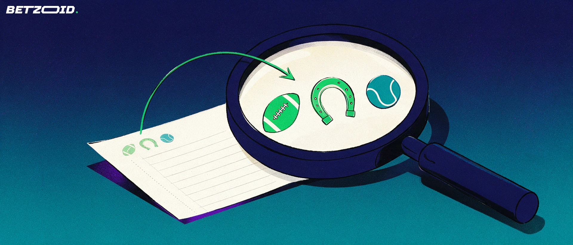 Illustration of a large magnifying glass enlarging football, horseshoe and tennis symbols on a blank betting slip